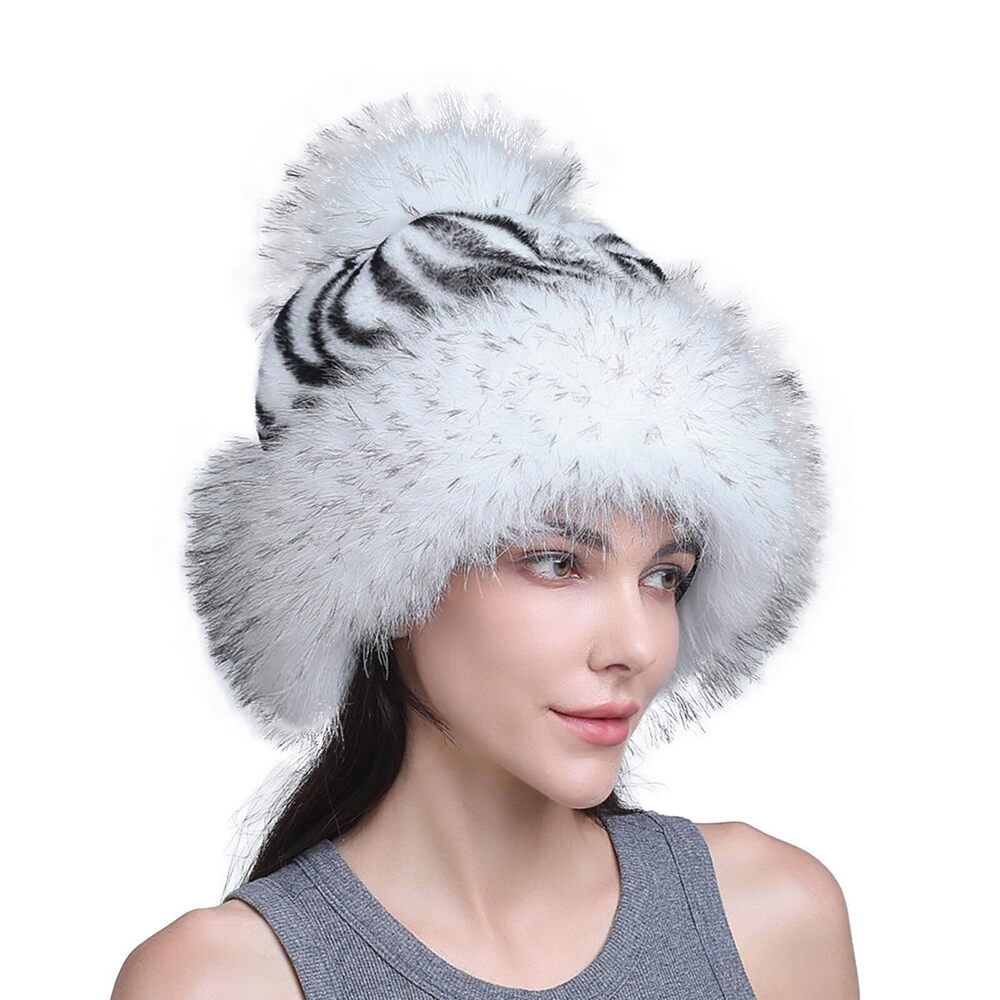 4490 Fuzzy Faux Fur Beanie Skull Cap with Pompom, Stylish Strapes Leopard